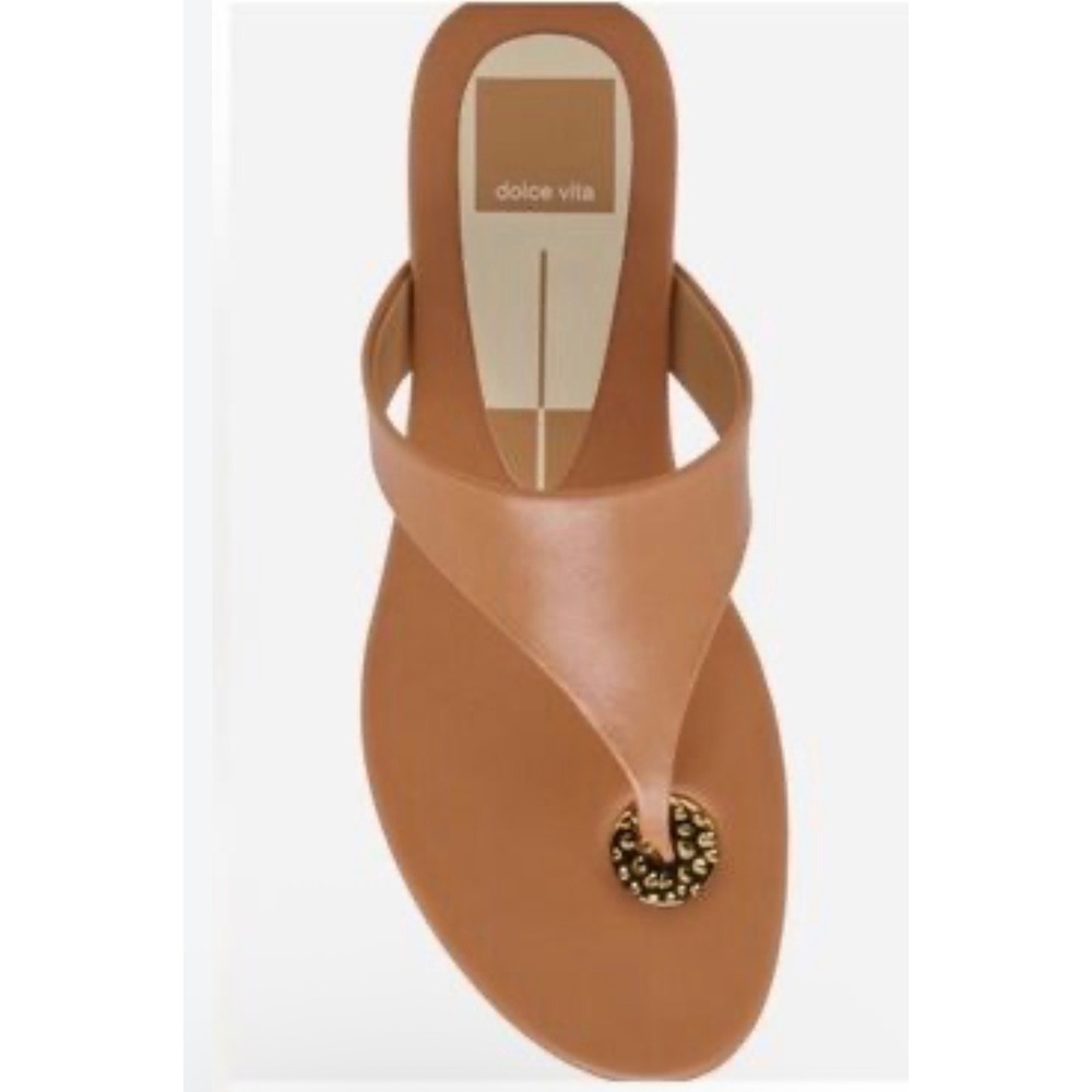 Dolce Vita Kittie Tan Leather Thong Sandals Gold Hammered Disc Flat Slides 8